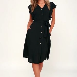 Lulu's Capri Coast Black Button-Front Midi Dress